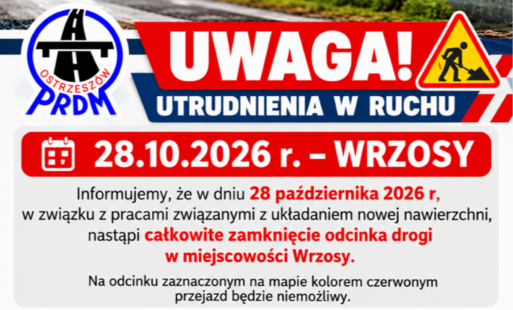 Zdjęcie do UWAGA! Zamknięcie drogi we Wrzosach!