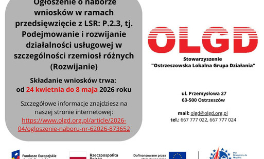 Zdjęcie do OLGD: Ogłoszenie o naborze nr 6/2026 w ramach rozwoju działalności gospodarczej